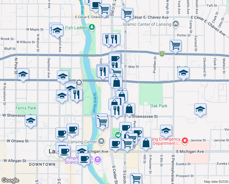 map of restaurants, bars, coffee shops, grocery stores, and more near 514 Erie Street in Lansing