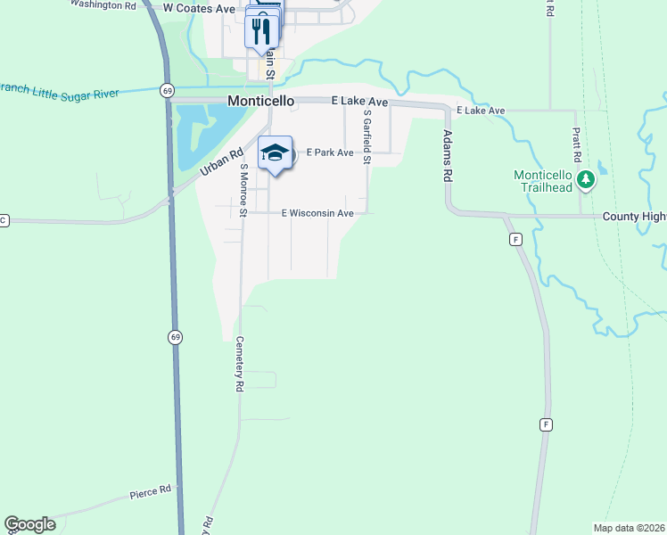 map of restaurants, bars, coffee shops, grocery stores, and more near 517 Montesian Court in Monticello