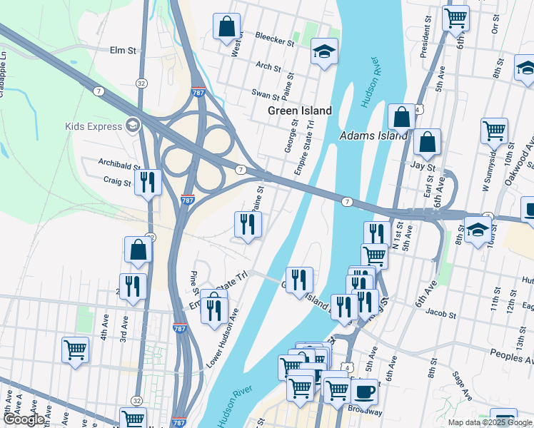 map of restaurants, bars, coffee shops, grocery stores, and more near 3 Hamilton Street in Troy