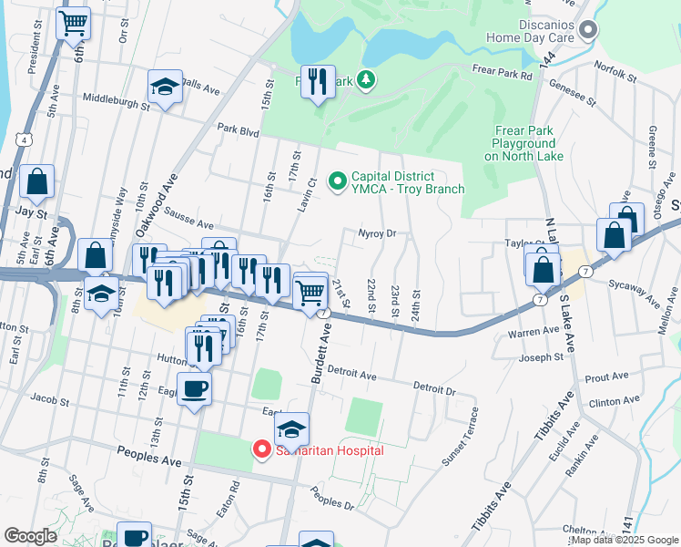 map of restaurants, bars, coffee shops, grocery stores, and more near 2420 21st Street in Troy