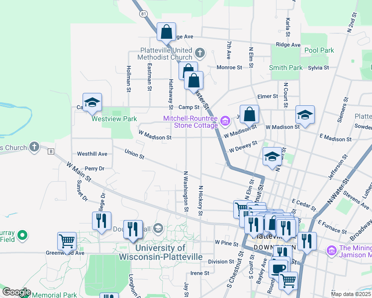 map of restaurants, bars, coffee shops, grocery stores, and more near North Washington Street in Platteville