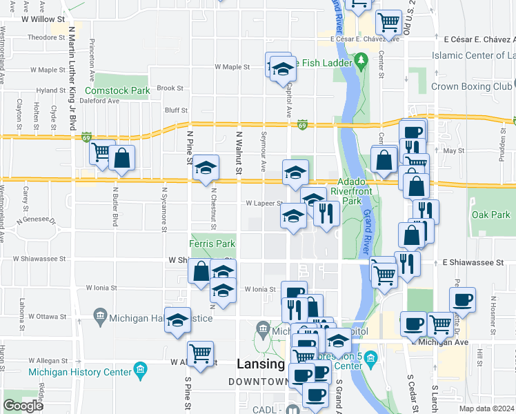 map of restaurants, bars, coffee shops, grocery stores, and more near 533 Seymour Avenue in Lansing