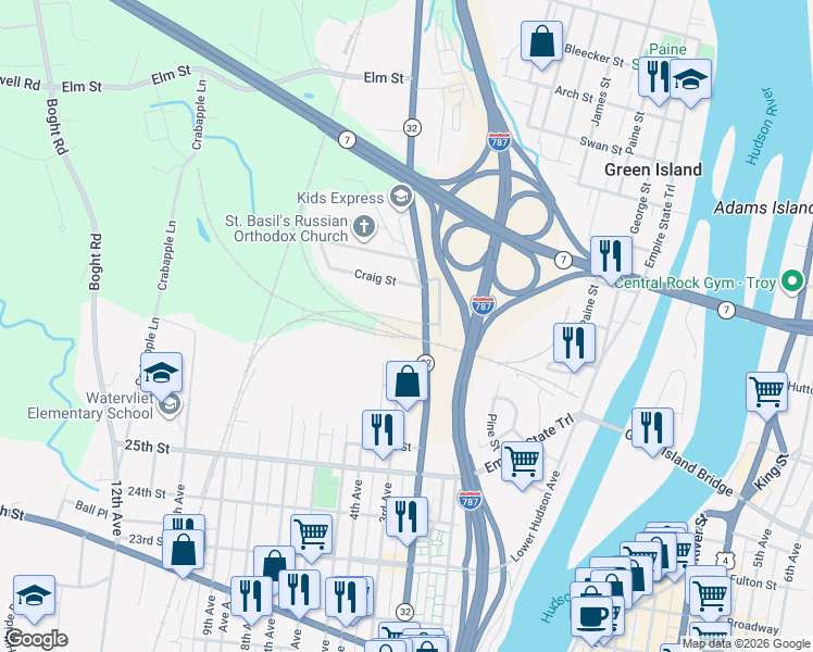 map of restaurants, bars, coffee shops, grocery stores, and more near 2755 2nd Avenue in Watervliet