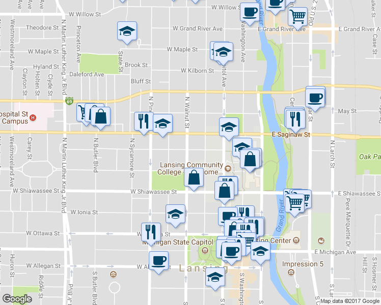 map of restaurants, bars, coffee shops, grocery stores, and more near 524 North Walnut Street in Lansing
