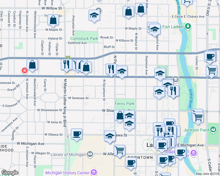map of restaurants, bars, coffee shops, grocery stores, and more near 526 North Sycamore Street in Lansing