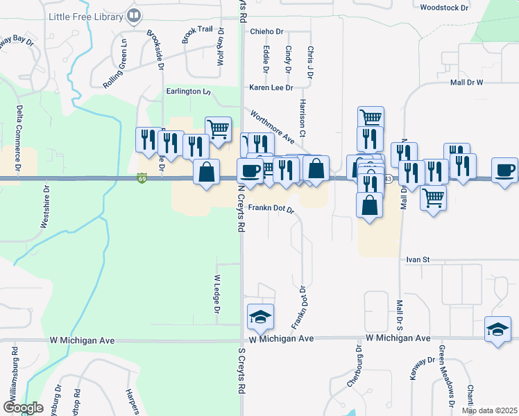 map of restaurants, bars, coffee shops, grocery stores, and more near 524-598 Franklynn Drive in Lansing