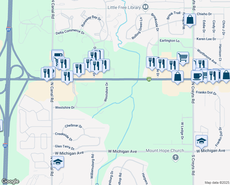 map of restaurants, bars, coffee shops, grocery stores, and more near 1942-2847 Westshire Drive in Lansing