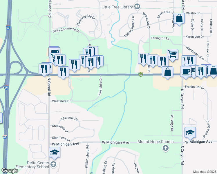 map of restaurants, bars, coffee shops, grocery stores, and more near 7109 West Saginaw Highway in Lansing