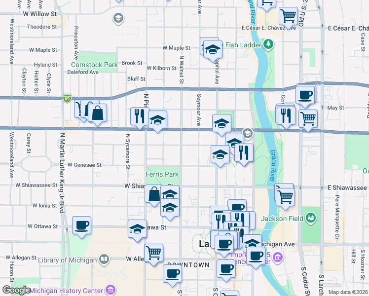 map of restaurants, bars, coffee shops, grocery stores, and more near 524 North Walnut Street in Lansing