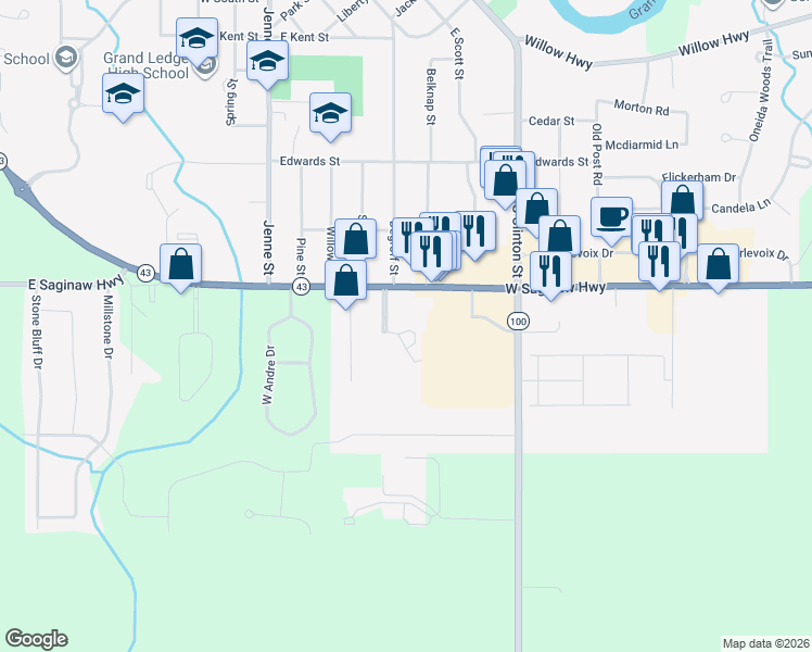 map of restaurants, bars, coffee shops, grocery stores, and more near 204 Queens Court in Grand Ledge