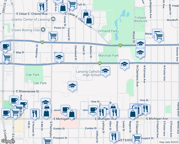 map of restaurants, bars, coffee shops, grocery stores, and more near 1422 Dingle Lane in Lansing