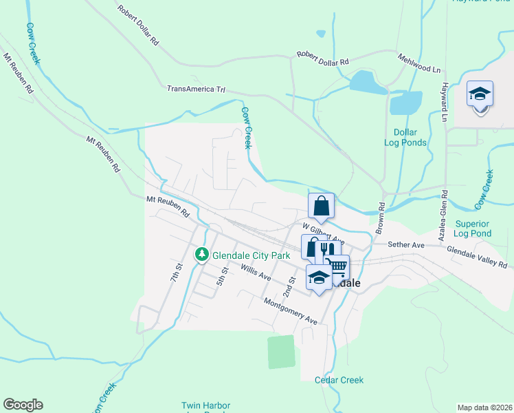 map of restaurants, bars, coffee shops, grocery stores, and more near 107 Gaddis Lane in Glendale