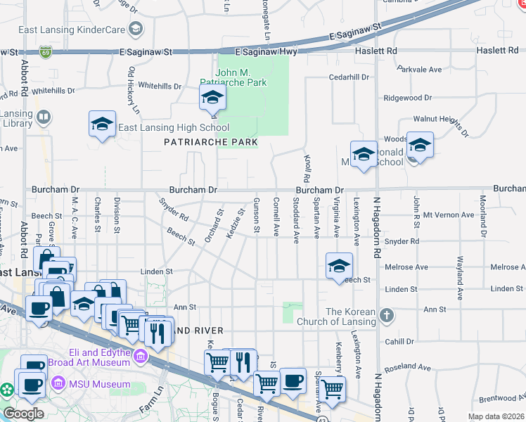 map of restaurants, bars, coffee shops, grocery stores, and more near 648 Gunson Street in East Lansing