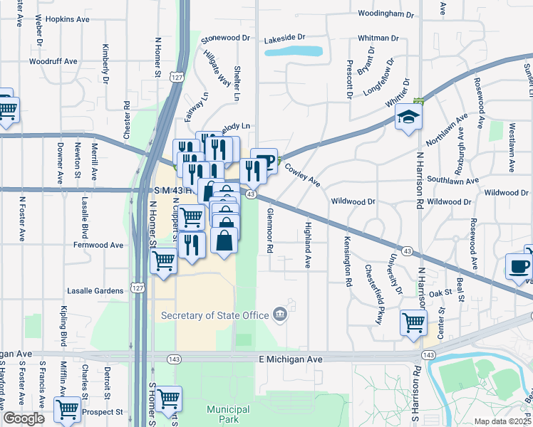 map of restaurants, bars, coffee shops, grocery stores, and more near 605 Glenmoor Road in East Lansing