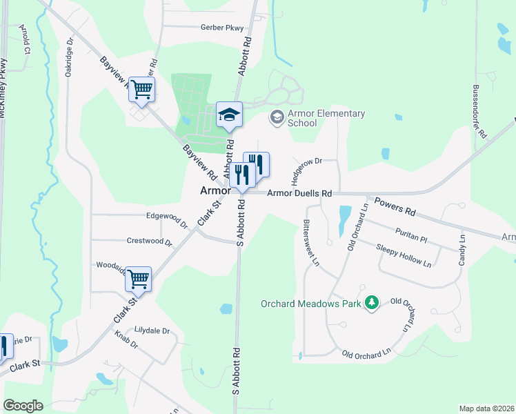 map of restaurants, bars, coffee shops, grocery stores, and more near 5441 South Abbott Road in Orchard Park
