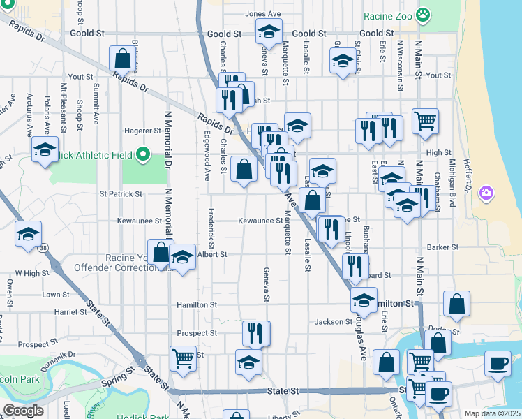 map of restaurants, bars, coffee shops, grocery stores, and more near 1208 Kewaunee Street in Racine