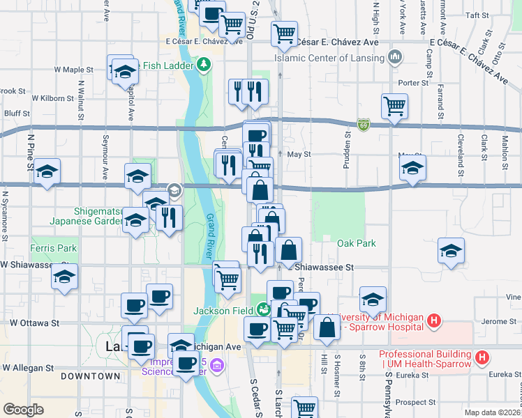 map of restaurants, bars, coffee shops, grocery stores, and more near 524 Erie Street in Lansing