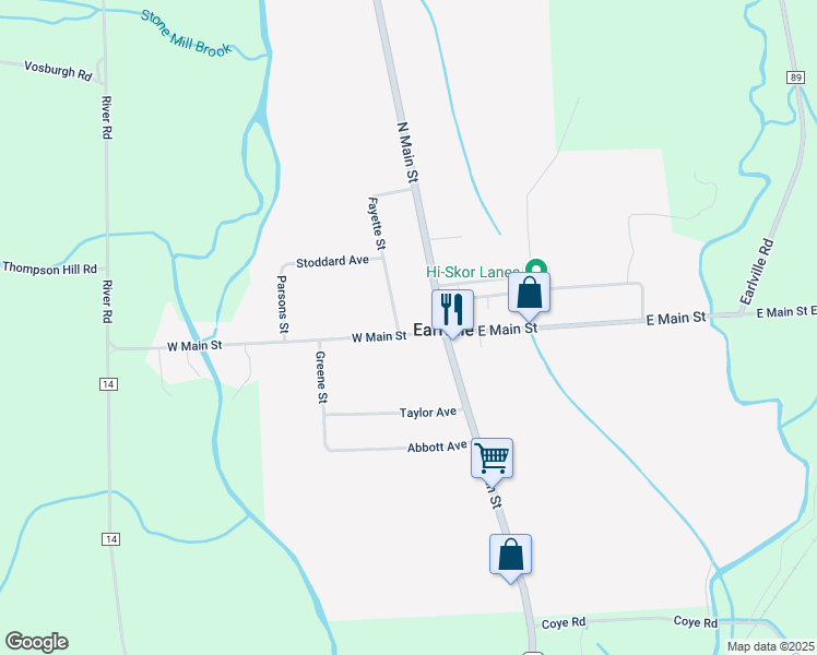 map of restaurants, bars, coffee shops, grocery stores, and more near 5 West Main Street in Earlville