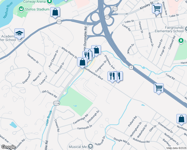 map of restaurants, bars, coffee shops, grocery stores, and more near 118 Northeastern Boulevard in Nashua