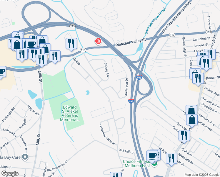 map of restaurants, bars, coffee shops, grocery stores, and more near 11 Anderson Drive in Methuen