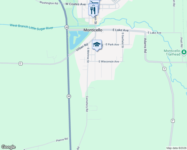 map of restaurants, bars, coffee shops, grocery stores, and more near 573 South Main Street in Monticello