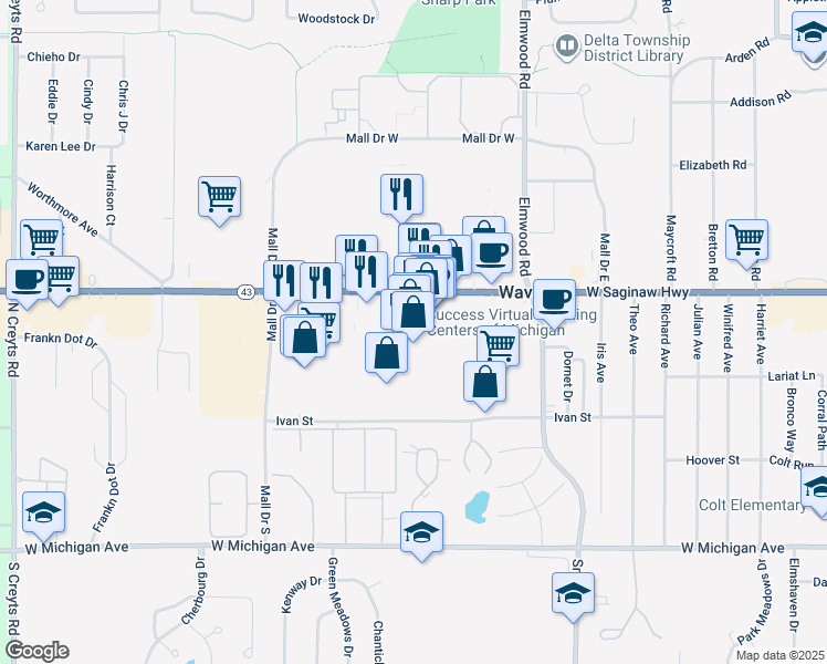 map of restaurants, bars, coffee shops, grocery stores, and more near 5451 West Saginaw Highway in Lansing