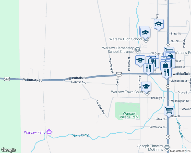 map of restaurants, bars, coffee shops, grocery stores, and more near West Buffalo Street in Warsaw