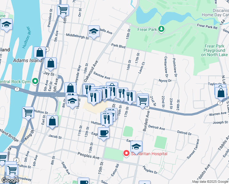 map of restaurants, bars, coffee shops, grocery stores, and more near 175 Hoosick Street in Troy