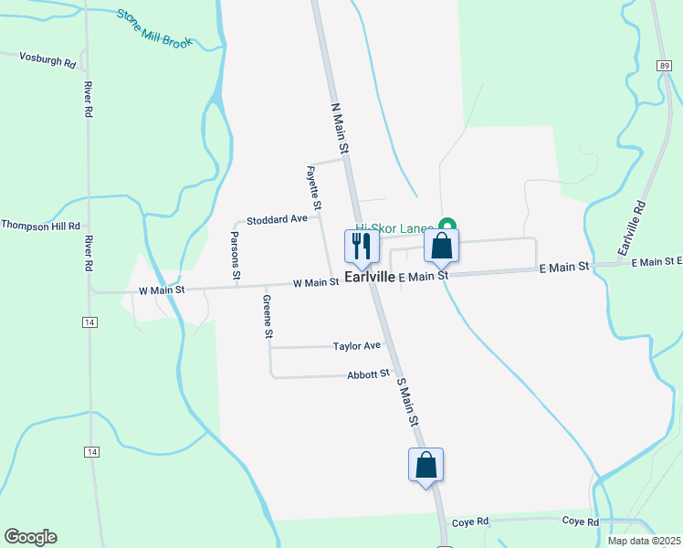 map of restaurants, bars, coffee shops, grocery stores, and more near 5 West Main Street in Earlville