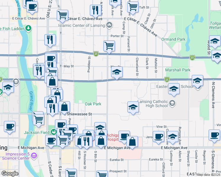 map of restaurants, bars, coffee shops, grocery stores, and more near 1013 Orchard Street in Lansing