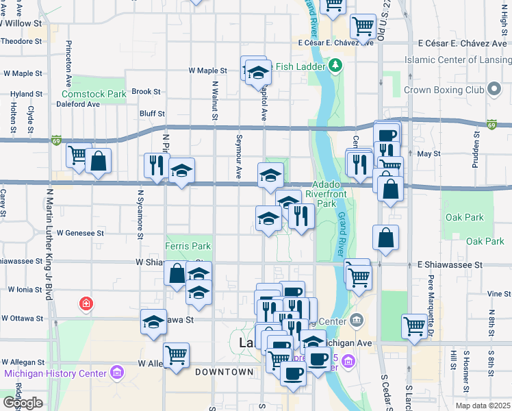 map of restaurants, bars, coffee shops, grocery stores, and more near 518 Seymour Avenue in Lansing