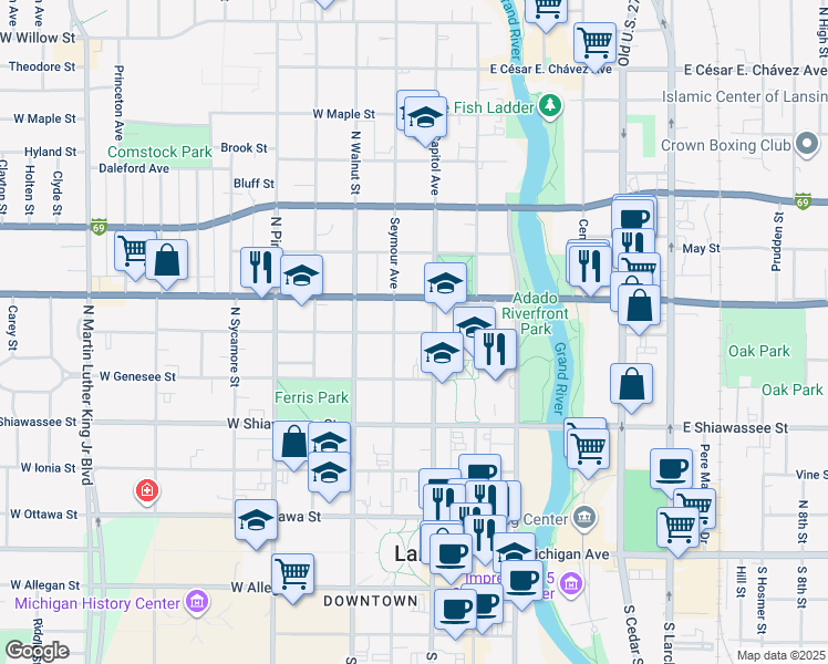 map of restaurants, bars, coffee shops, grocery stores, and more near 518 Seymour Avenue in Lansing