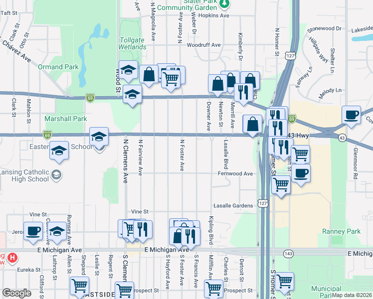 map of restaurants, bars, coffee shops, grocery stores, and more near 530 North Foster Avenue in Lansing