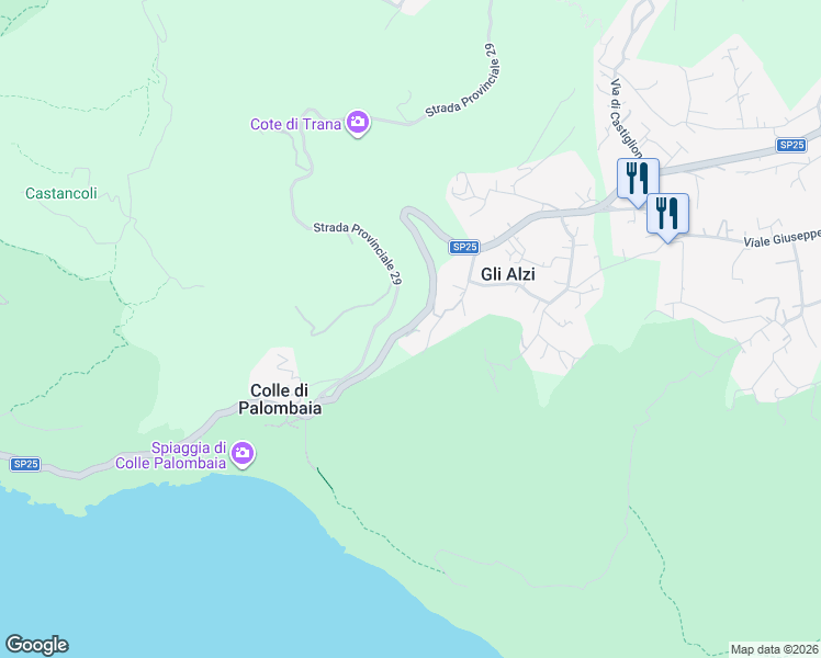 map of restaurants, bars, coffee shops, grocery stores, and more near 2421 Via della Costa in Gli Alzi
