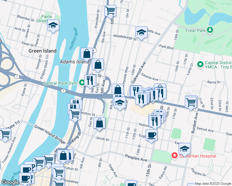map of restaurants, bars, coffee shops, grocery stores, and more near 328 8th Street in Troy