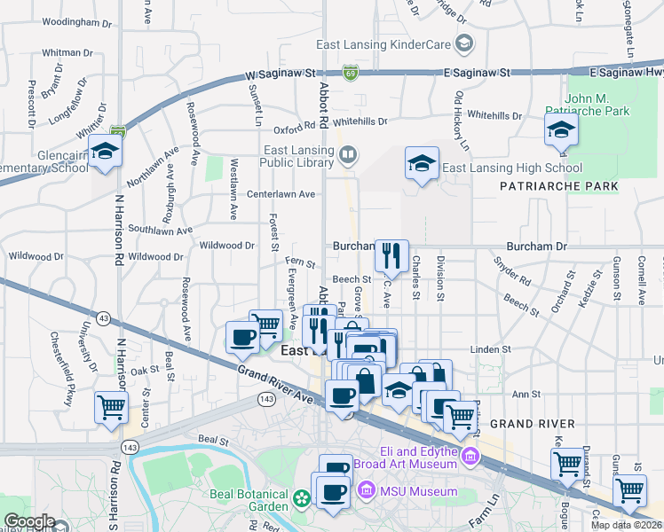 map of restaurants, bars, coffee shops, grocery stores, and more near 610 Abbot Road in East Lansing