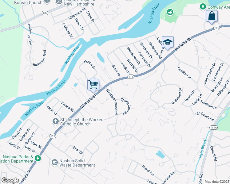 map of restaurants, bars, coffee shops, grocery stores, and more near 674 West Hollis Street in Nashua