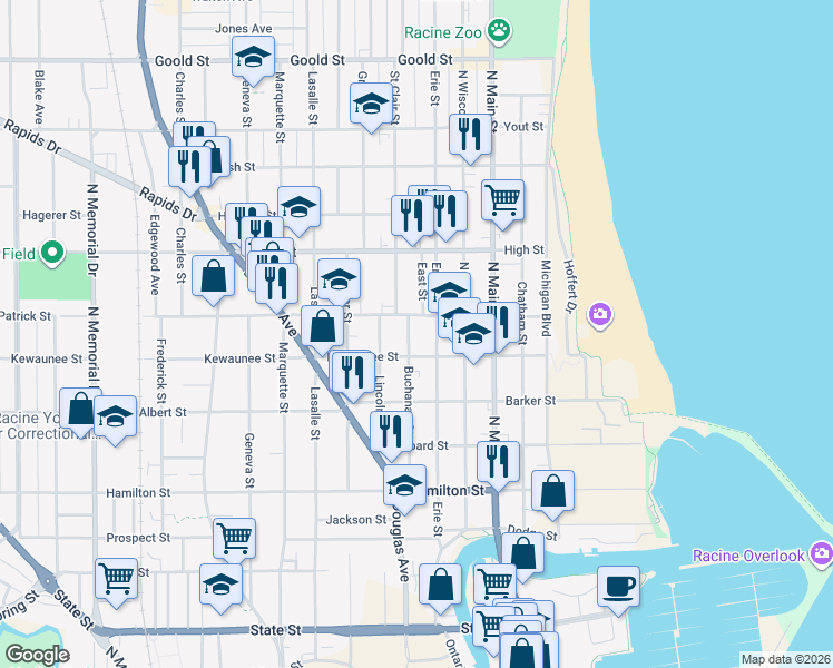 map of restaurants, bars, coffee shops, grocery stores, and more near 1504 Erie Street in Racine