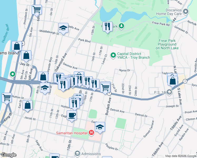 map of restaurants, bars, coffee shops, grocery stores, and more near 2413 Lavin Court in Troy