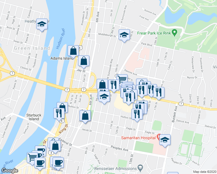 map of restaurants, bars, coffee shops, grocery stores, and more near in Troy