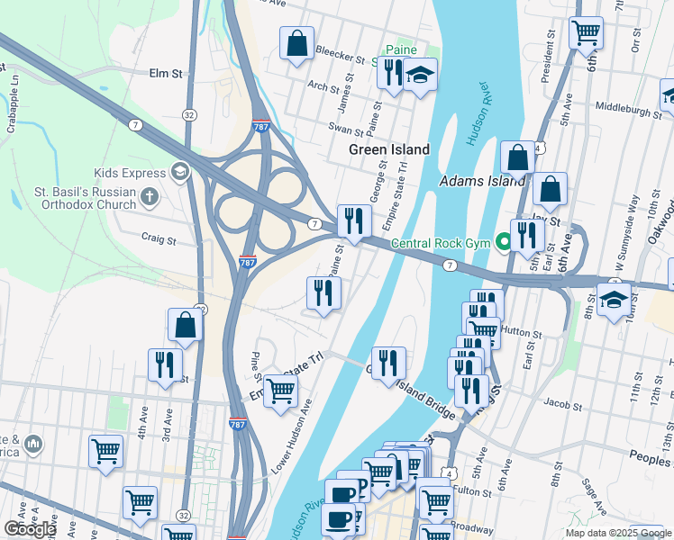 map of restaurants, bars, coffee shops, grocery stores, and more near in Green Island