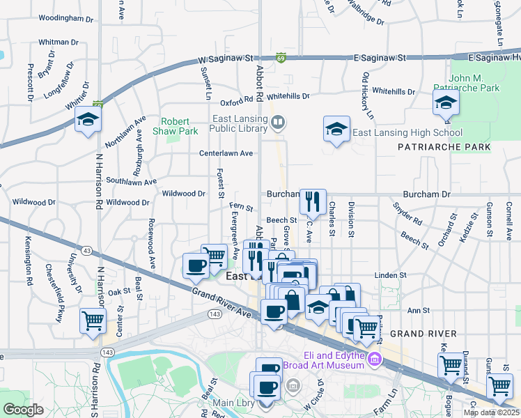 map of restaurants, bars, coffee shops, grocery stores, and more near 118 Beech Street in East Lansing