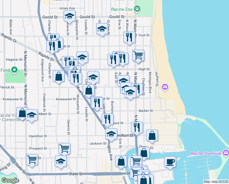 map of restaurants, bars, coffee shops, grocery stores, and more near 1504 Erie Street in Racine