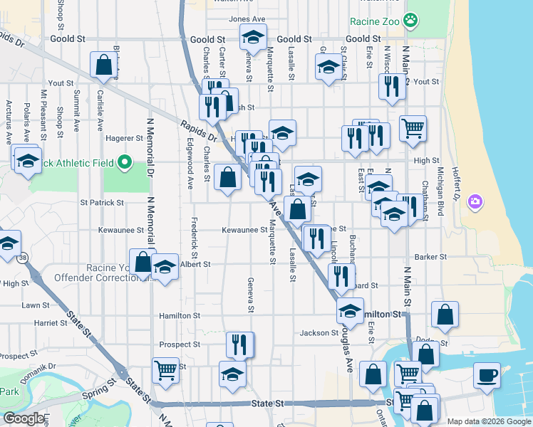 map of restaurants, bars, coffee shops, grocery stores, and more near 1110 Kewaunee Street in Racine