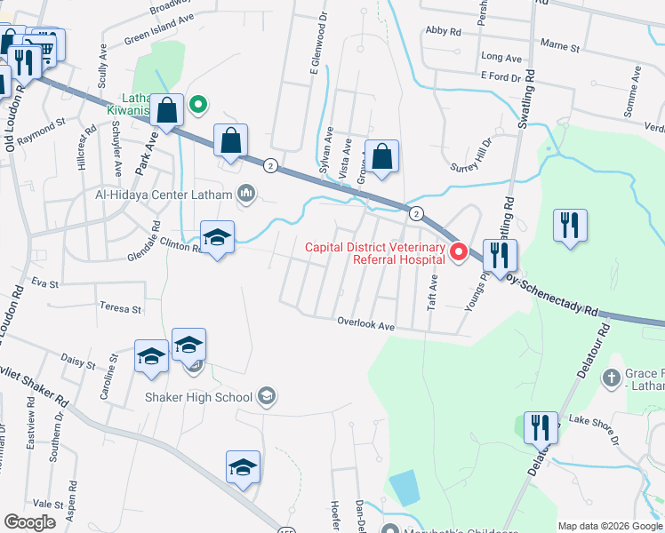 map of restaurants, bars, coffee shops, grocery stores, and more near 22 Clifford Avenue in Latham