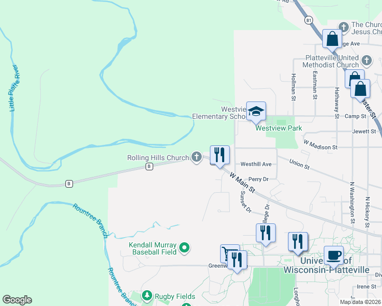 map of restaurants, bars, coffee shops, grocery stores, and more near 1592 County Road B in Platteville