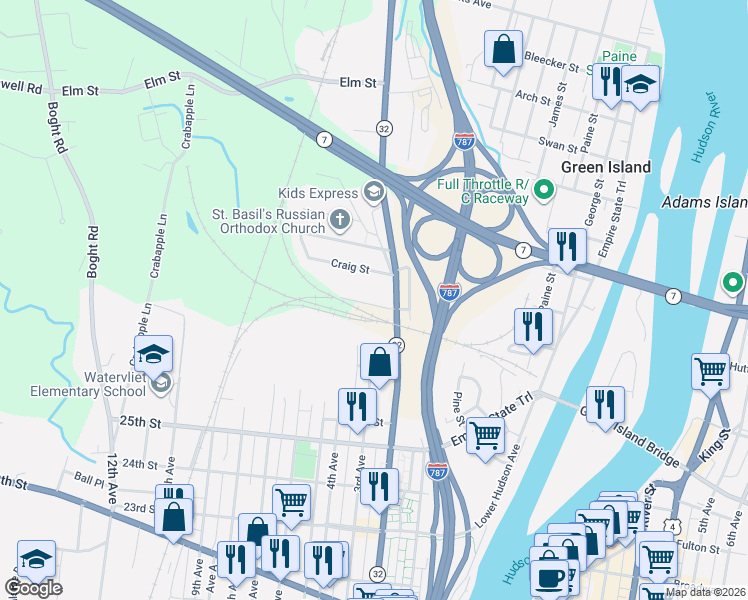 map of restaurants, bars, coffee shops, grocery stores, and more near 2755 2nd Avenue in Watervliet