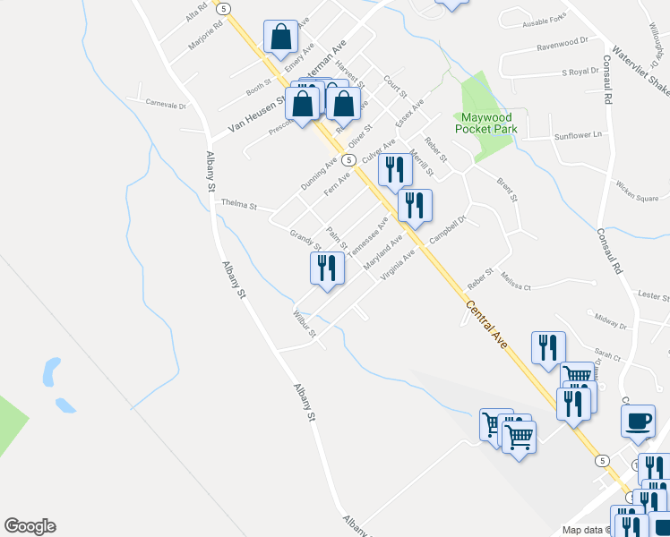 map of restaurants, bars, coffee shops, grocery stores, and more near 46 Grandy Street in Albany