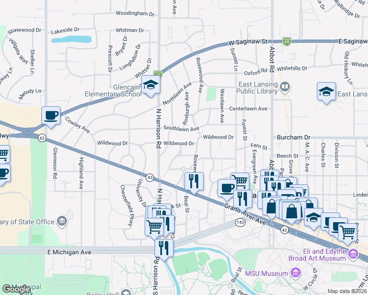 map of restaurants, bars, coffee shops, grocery stores, and more near 545 Woodland Drive in East Lansing