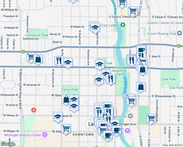 map of restaurants, bars, coffee shops, grocery stores, and more near 220 West Lapeer Street in Lansing